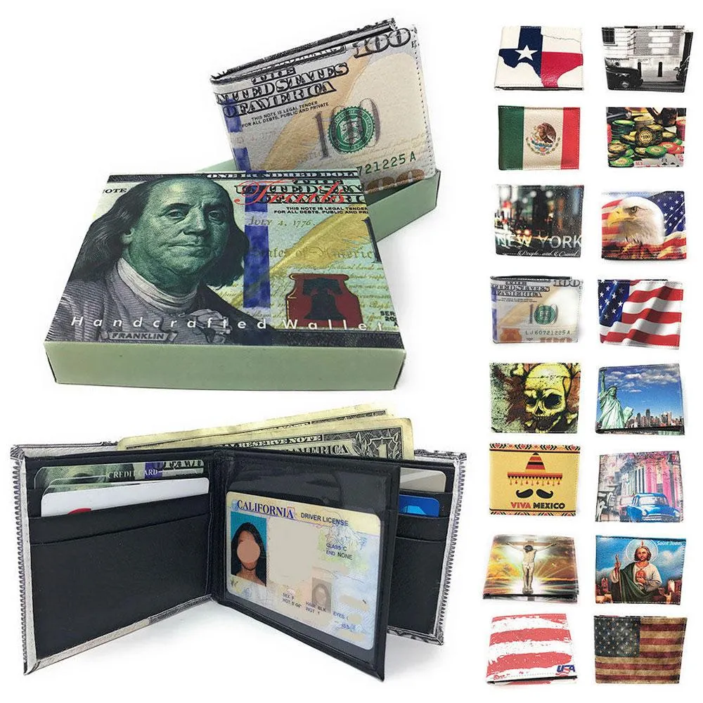 100 LOT Printed Designs Bifold Wallets In Gift Box Cash Card Id Slots Mens Womens Youth Wholesale