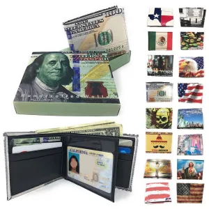 100 LOT Printed Designs Bifold Wallets In Gift Box Cash Card Id Slots Mens Womens Youth Wholesale