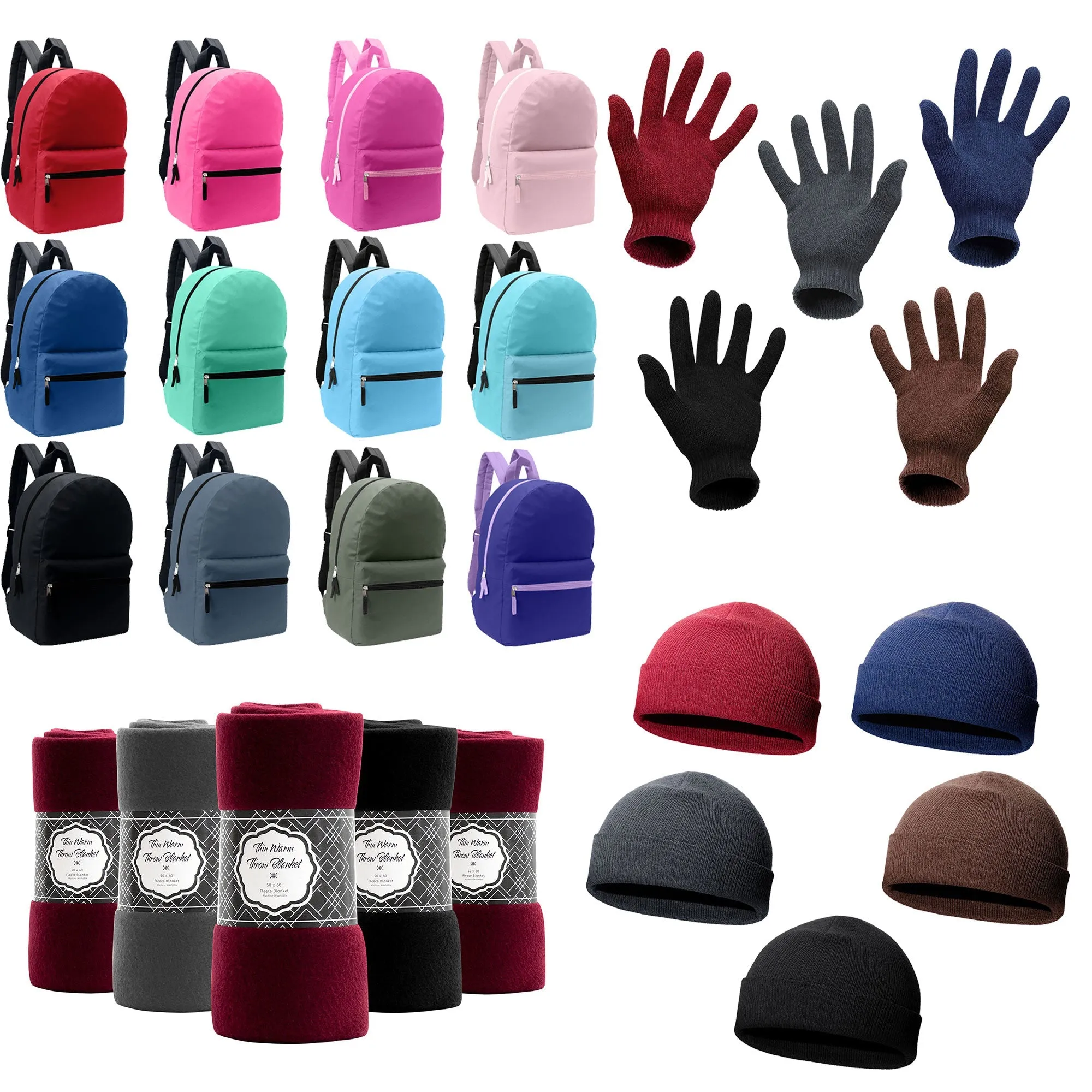 12 Basic 17" Backpacks in Assorted Colors & Your Choice of 12 Winter Item Sets - Wholesale Care Package: Homeless, Emergency, Charity