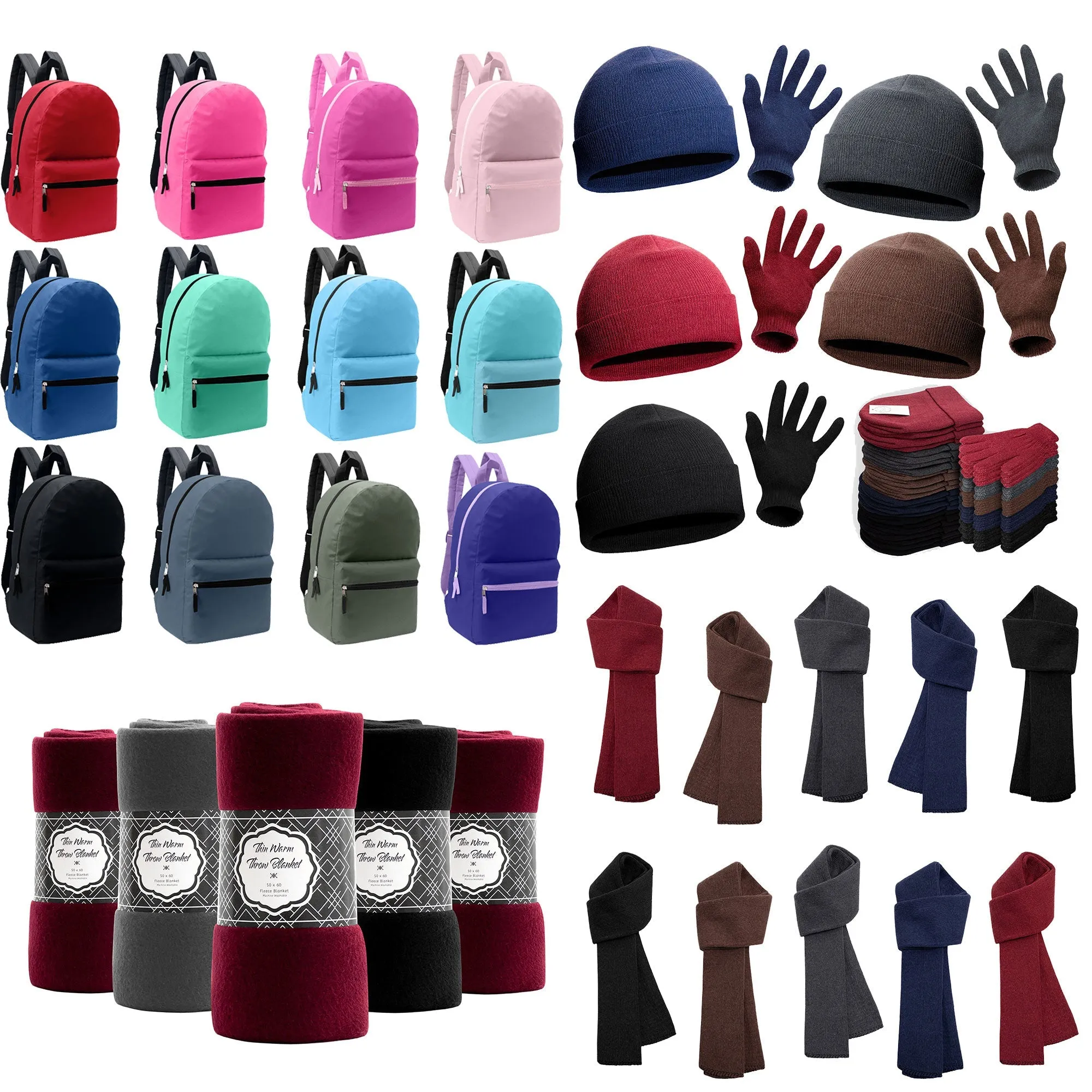 12 Basic 17" Backpacks in Assorted Colors & Your Choice of 12 Winter Item Sets - Wholesale Care Package: Homeless, Emergency, Charity
