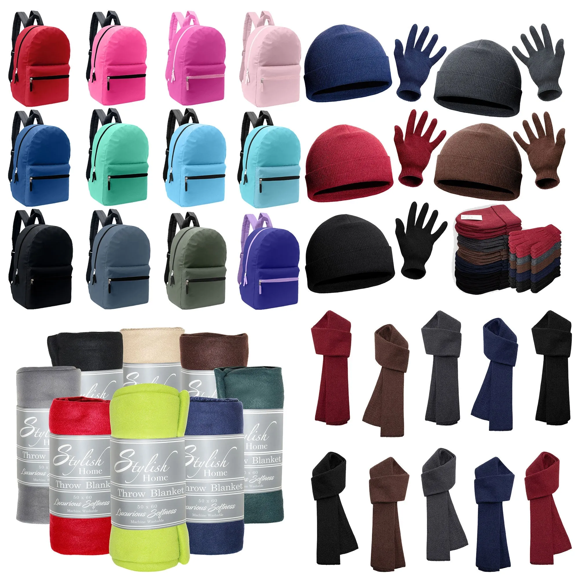 12 Basic 17" Backpacks in Assorted Colors & Your Choice of 12 Winter Item Sets - Wholesale Care Package: Homeless, Emergency, Charity