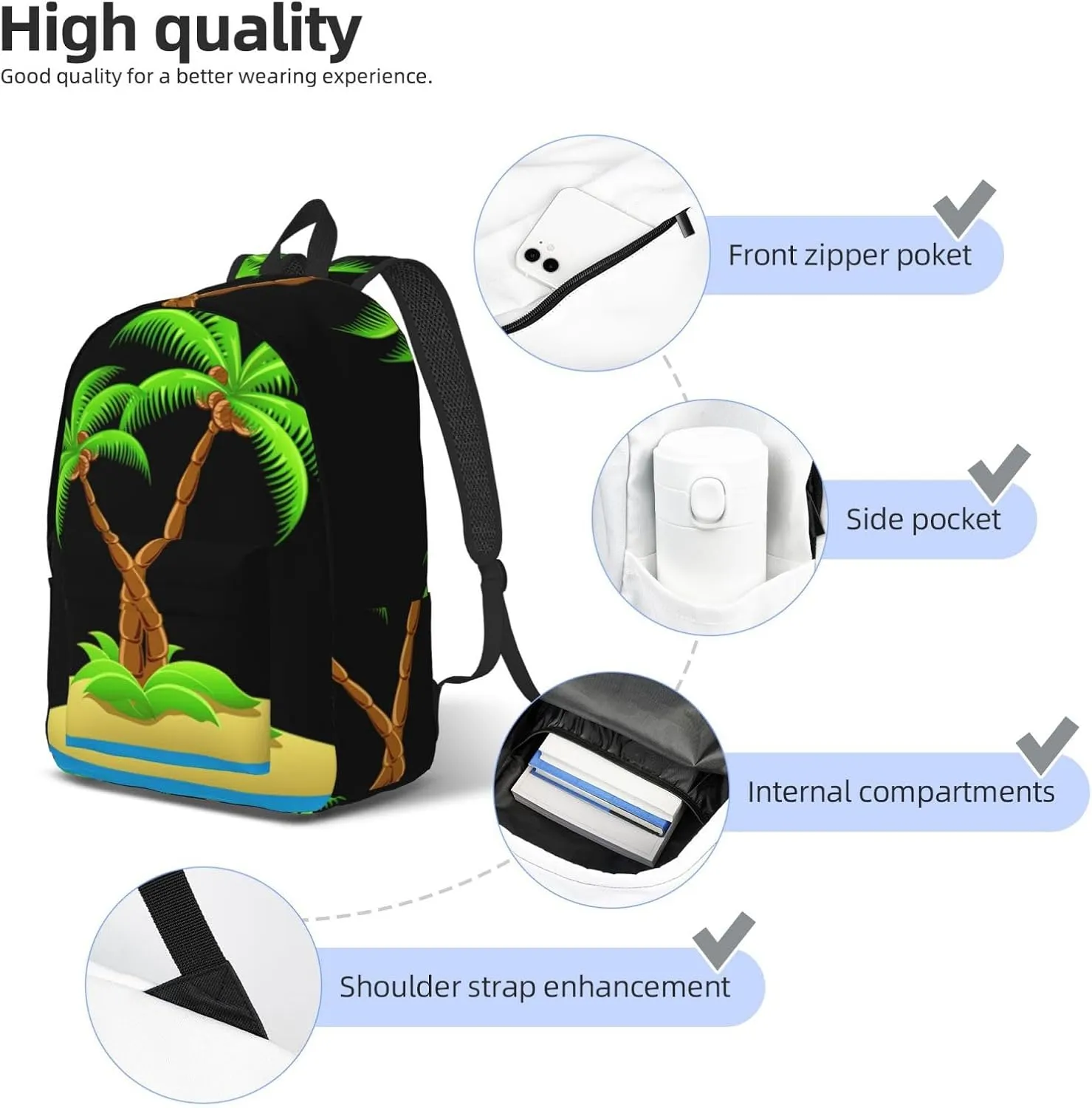 3d Palm Tree Print Canvas Backpack Women,Mens Travel Casual Daypack Bookbag For Laptop Work Travel Hiking