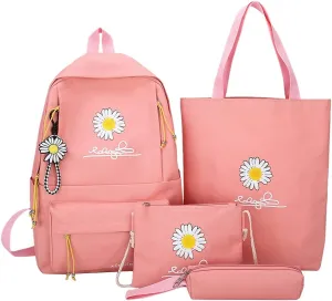 4 Pcs/Set Student School Backpacks Teenager Girls Canvas Book Bag Satchel Mochila, rose