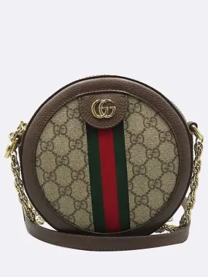 550618 Brown leather Ophidia Web GG round mini chain cross bag