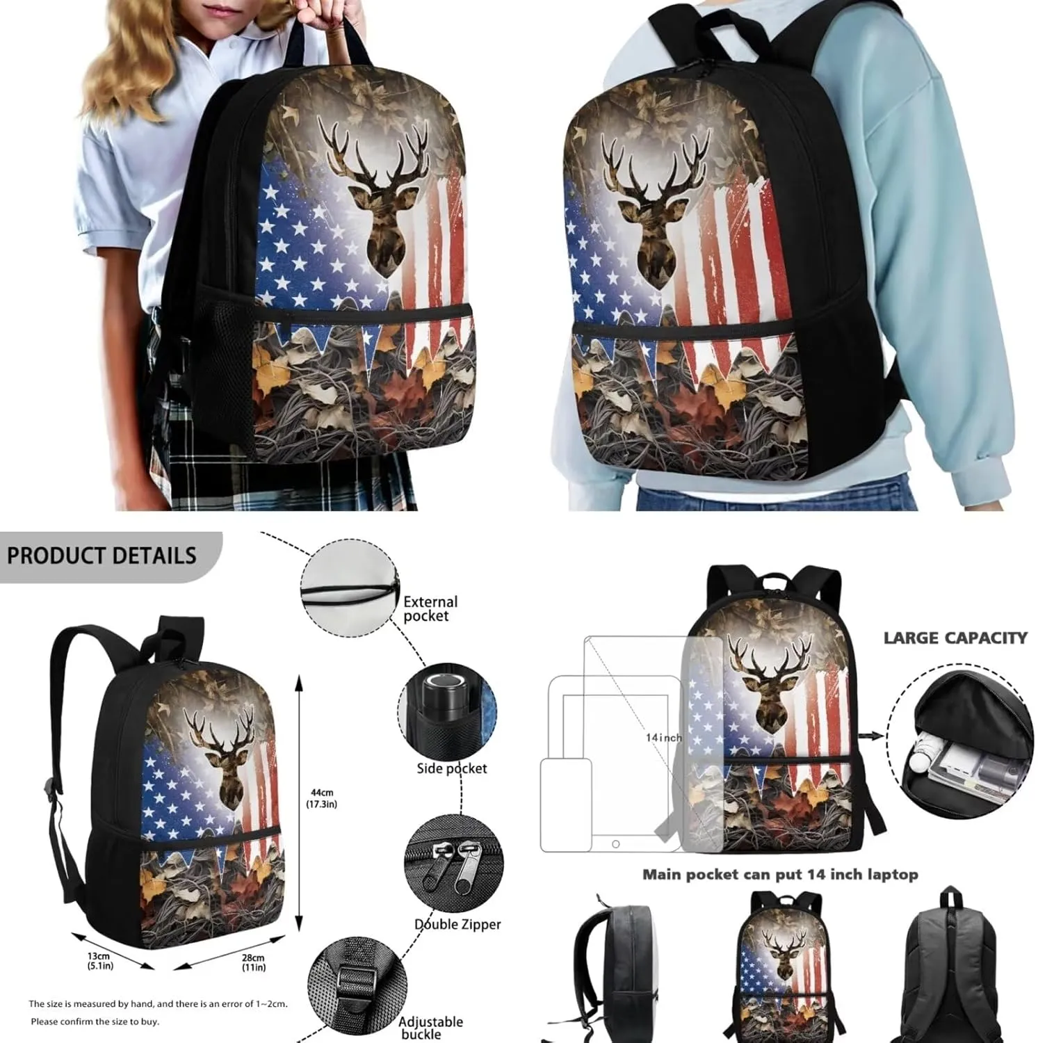 American Flag Deer Print School Backpack with Lunch Box Pencil Case 3 In 1 School Bag Book Bag for Kids Teen Boys Lager Capacity Student Bookbags Casual Shoulder Bags Daypack