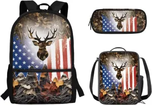 American Flag Deer Print School Backpack with Lunch Box Pencil Case 3 In 1 School Bag Book Bag for Kids Teen Boys Lager Capacity Student Bookbags Casual Shoulder Bags Daypack