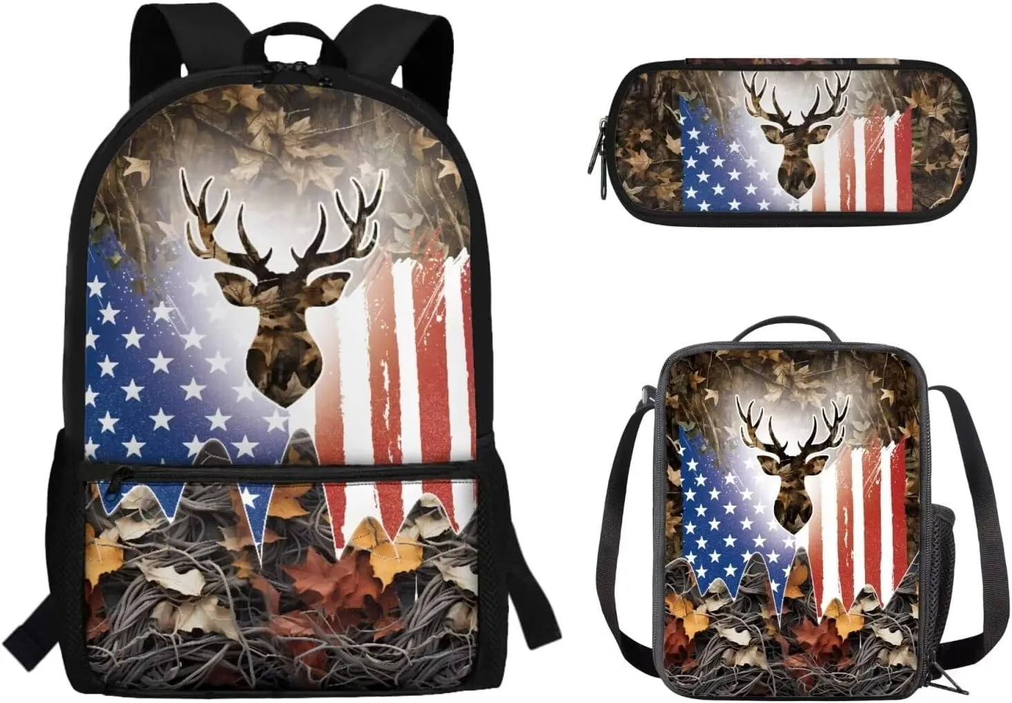 American Flag Deer Print School Backpack with Lunch Box Pencil Case 3 In 1 School Bag Book Bag for Kids Teen Boys Lager Capacity Student Bookbags Casual Shoulder Bags Daypack