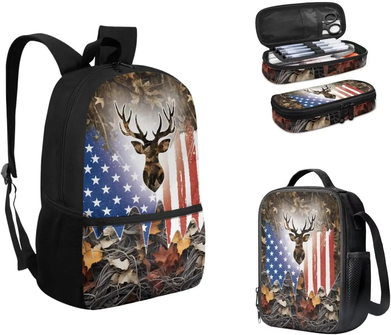 American Flag Deer Print School Backpack with Lunch Box Pencil Case 3 In 1 School Bag Book Bag for Kids Teen Boys Lager Capacity Student Bookbags Casual Shoulder Bags Daypack