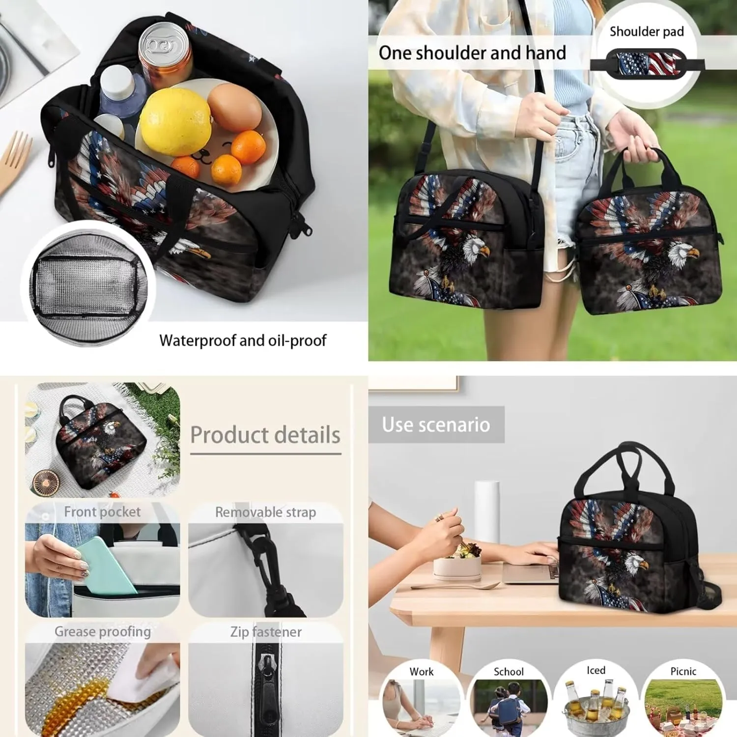 American Flag Eagle School Backpack with Lunch Box Pencil Case 3 Pieces School Bag Book Bag Lager Capacity Student Bookbags Casual Shoulder Bags Daypack