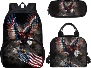 American Flag Eagle School Backpack with Lunch Box Pencil Case 3 Pieces School Bag Book Bag Lager Capacity Student Bookbags Casual Shoulder Bags Daypack