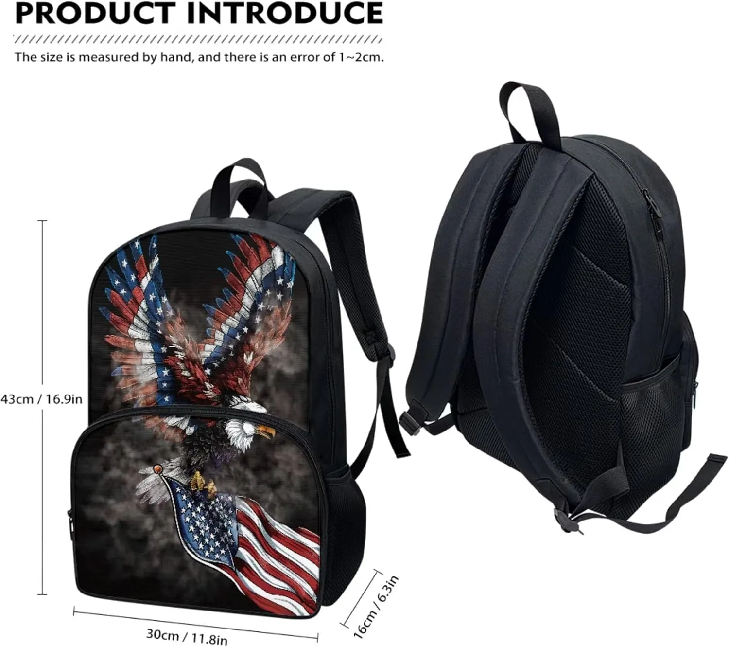 American Flag Eagle School Backpack with Lunch Box Pencil Case 3 Pieces School Bag Book Bag Lager Capacity Student Bookbags Casual Shoulder Bags Daypack