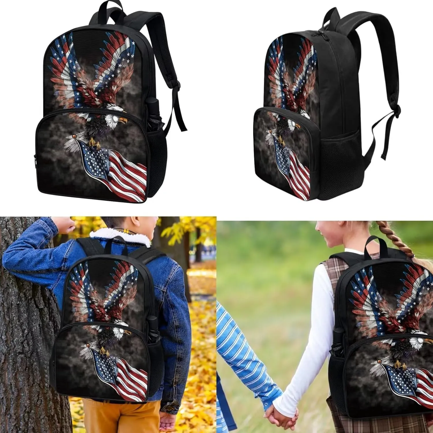 American Flag Eagle School Backpack with Lunch Box Pencil Case 3 Pieces School Bag Book Bag Lager Capacity Student Bookbags Casual Shoulder Bags Daypack