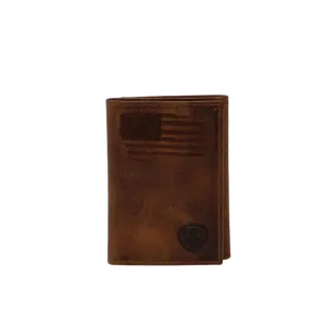 Ariat Trifold Distressed Stitched USA Flag Shield Logo Brown A3545402