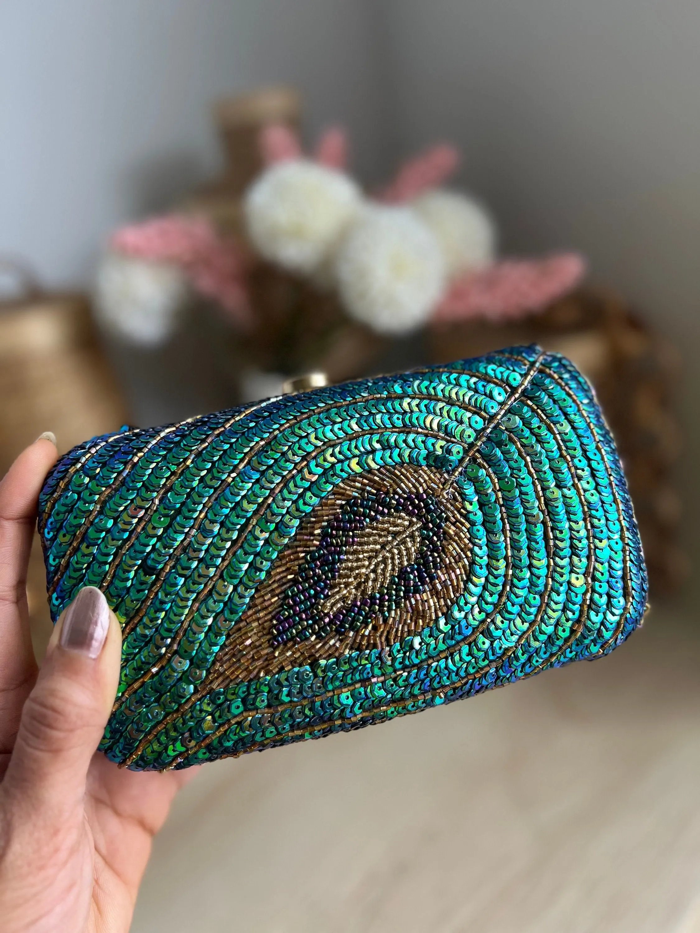 Art Silk Peacock Clutch, Evening party Purse , Royal Formal Events Bag, Sequins Work Special Occasion Gift for Women, Ethnic wear Accessorie