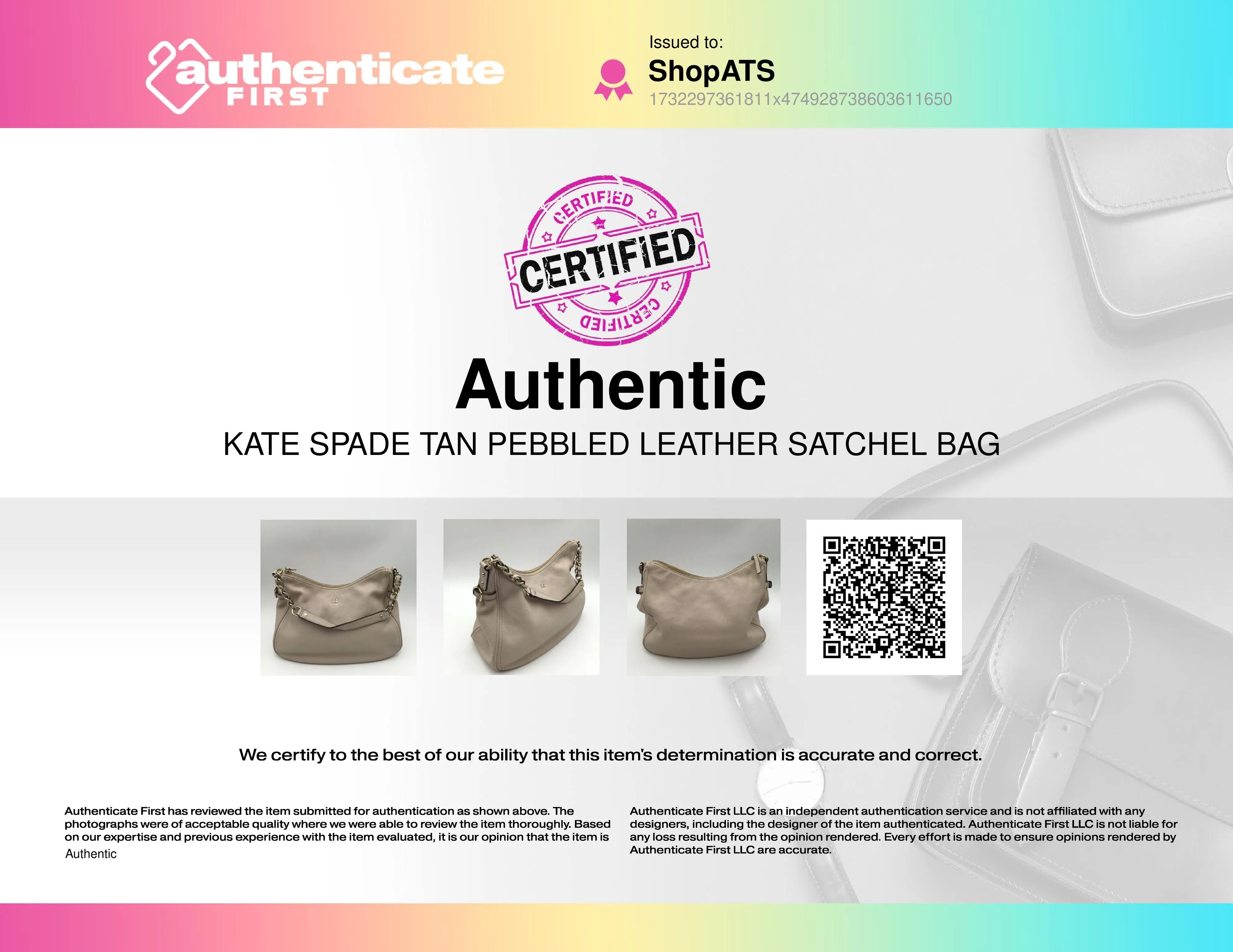 Authentic Kate Spade New York Women's Tan Luxury Satchel Bag - COA Included