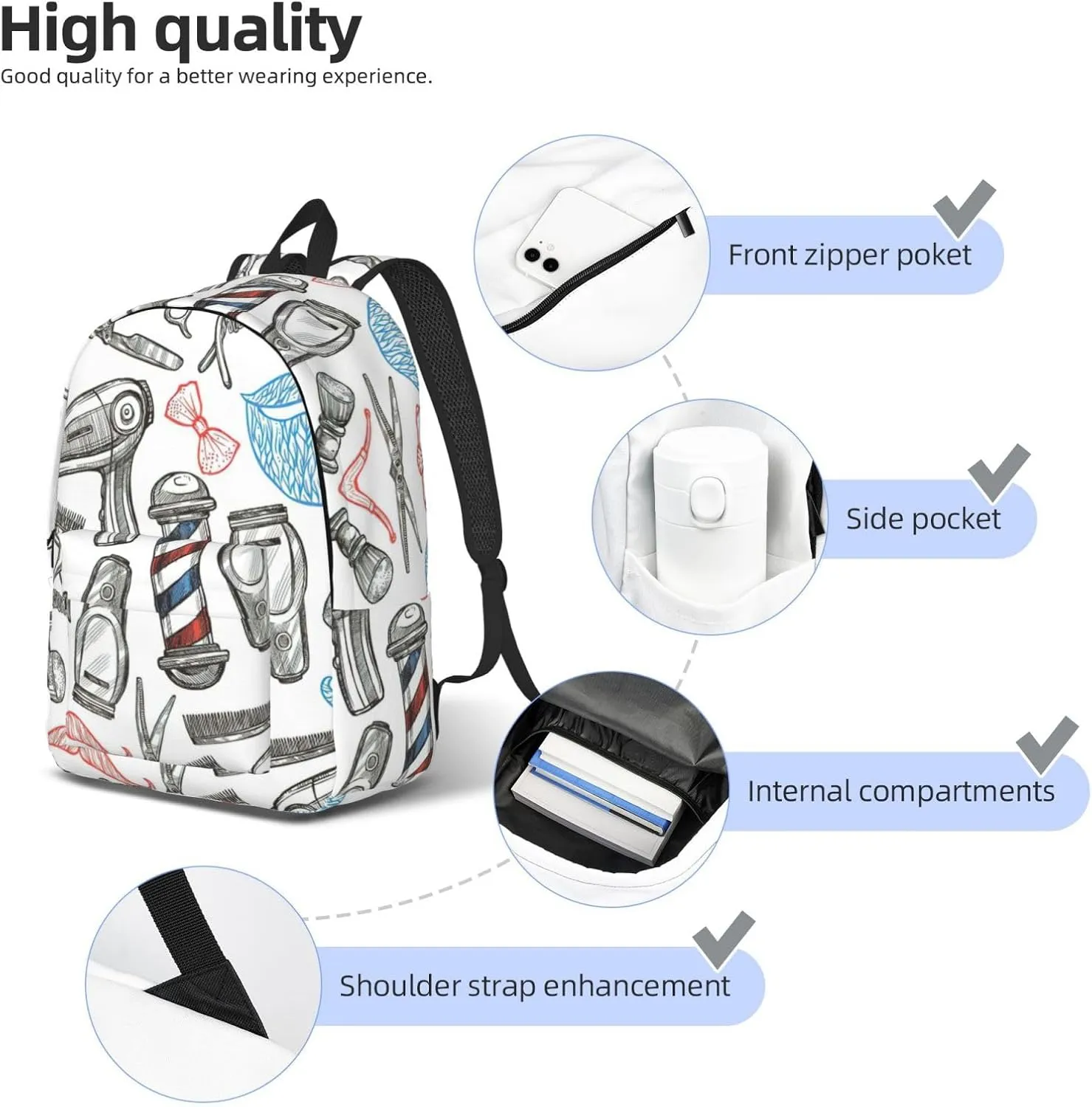 Barber Shop Monochrome Style Print Canvas Backpack Women,Mens Travel Casual Daypack Bookbag For Laptop Work Travel Hiking