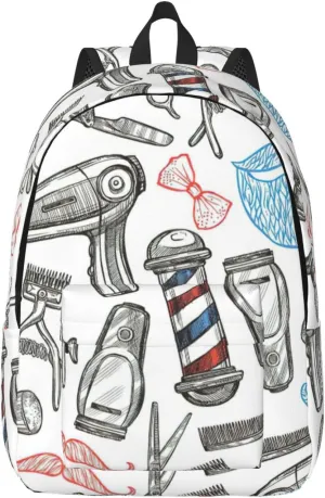 Barber Shop Monochrome Style Print Canvas Backpack Women,Mens Travel Casual Daypack Bookbag For Laptop Work Travel Hiking