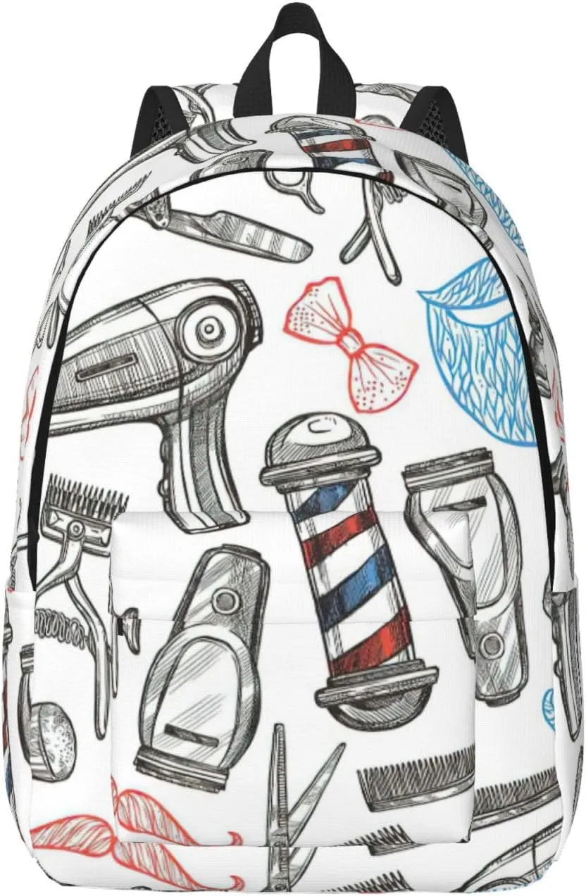 Barber Shop Monochrome Style Print Canvas Backpack Women,Mens Travel Casual Daypack Bookbag For Laptop Work Travel Hiking