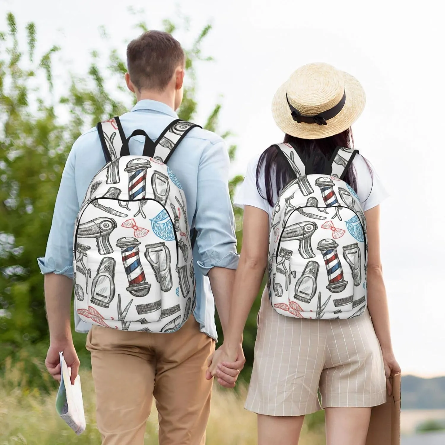 Barber Shop Monochrome Style Print Canvas Backpack Women,Mens Travel Casual Daypack Bookbag For Laptop Work Travel Hiking