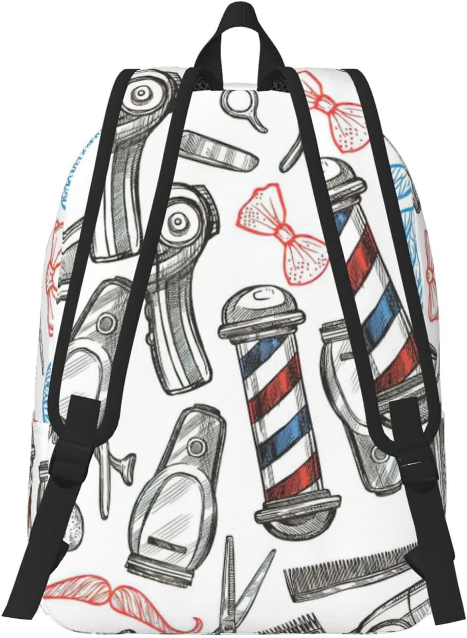 Barber Shop Monochrome Style Print Canvas Backpack Women,Mens Travel Casual Daypack Bookbag For Laptop Work Travel Hiking