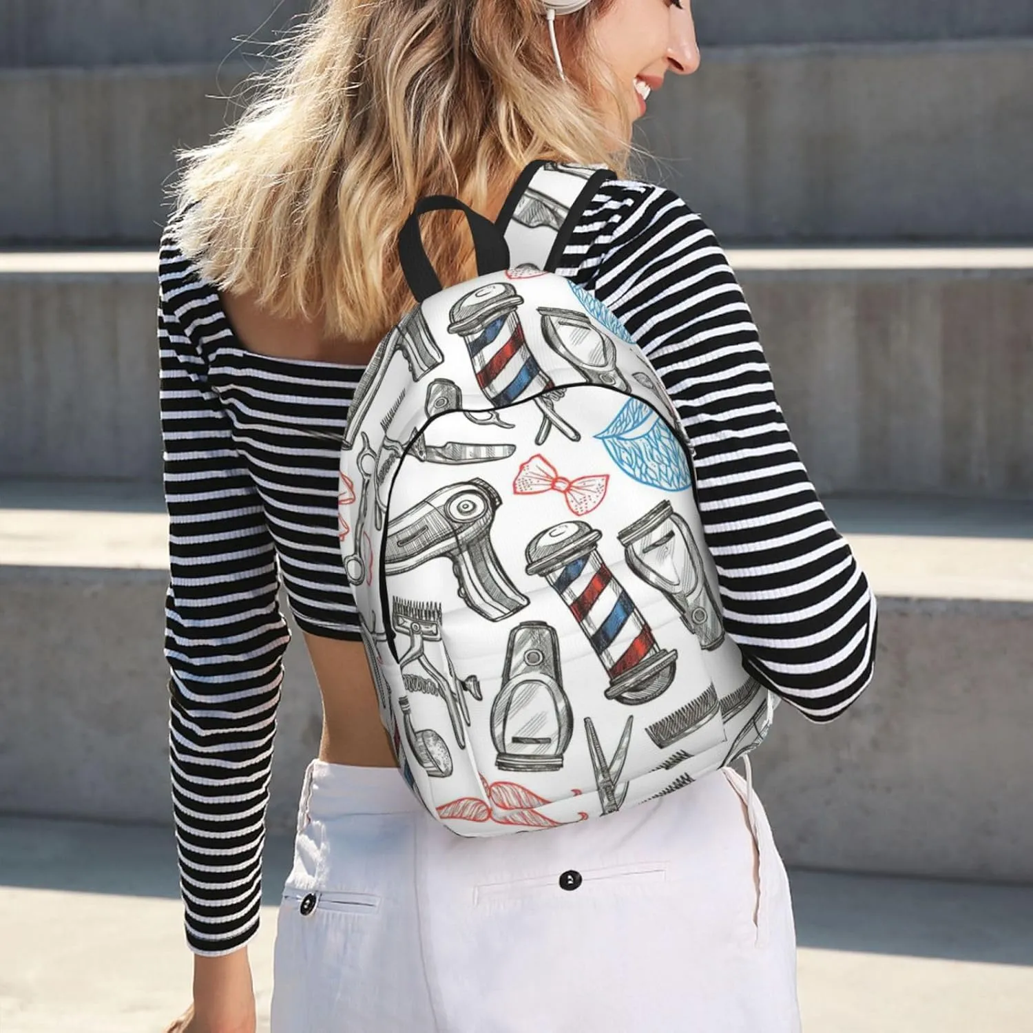 Barber Shop Monochrome Style Print Canvas Backpack Women,Mens Travel Casual Daypack Bookbag For Laptop Work Travel Hiking