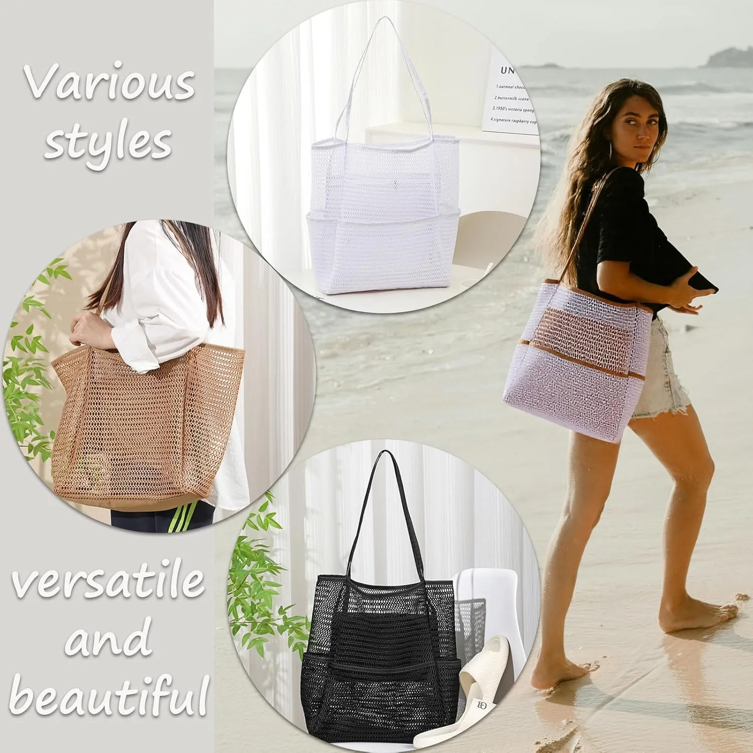 Beach Tote Bag for Women with Pockets, Mesh Holiday Handbag Summer Casual Shoulder Bags for Travel Swimming