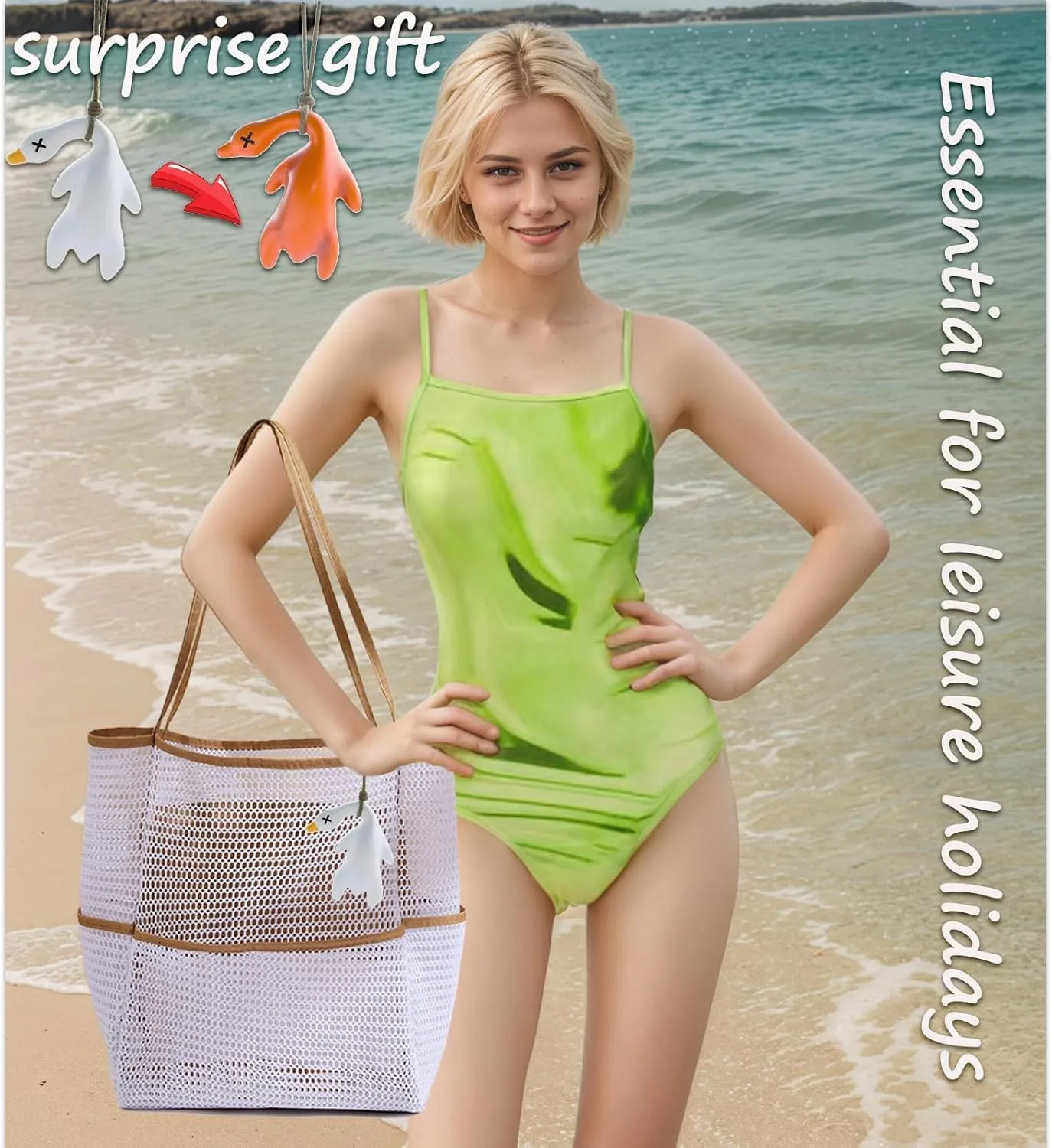 Beach Tote Bag for Women with Pockets, Mesh Holiday Handbag Summer Casual Shoulder Bags for Travel Swimming