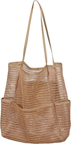 Beach Tote Bag for Women with Pockets, Mesh Holiday Handbag Summer Casual Shoulder Bags for Travel Swimming