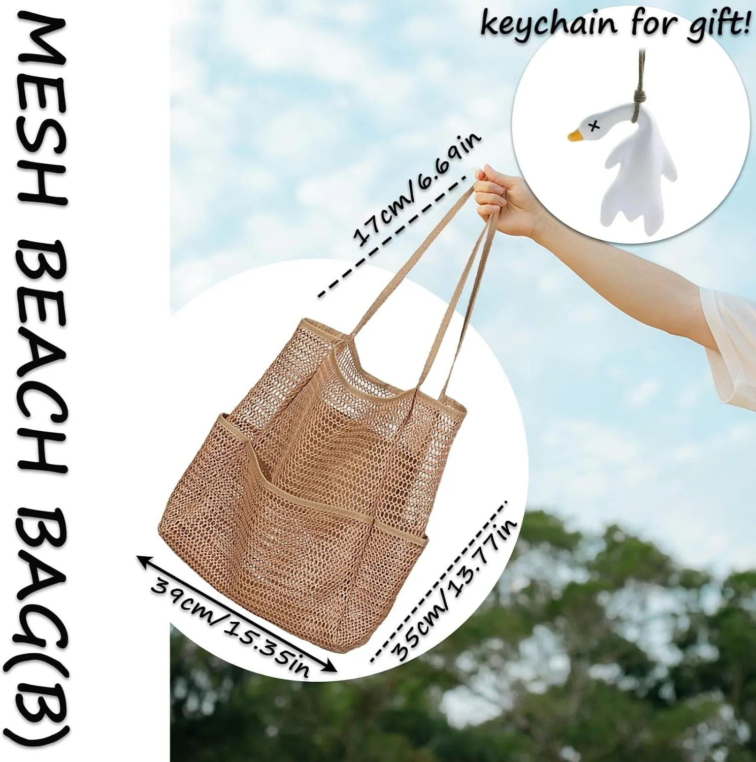 Beach Tote Bag for Women with Pockets, Mesh Holiday Handbag Summer Casual Shoulder Bags for Travel Swimming