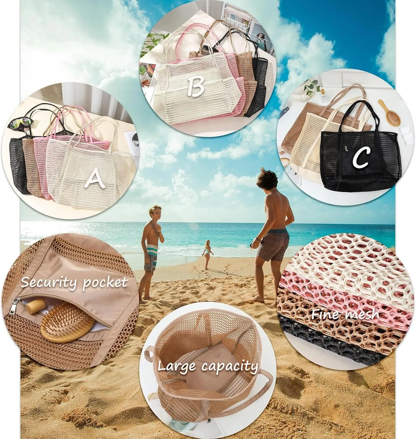 Beach Tote Bag for Women with Pockets, Mesh Holiday Handbag Summer Casual Shoulder Bags for Travel Swimming