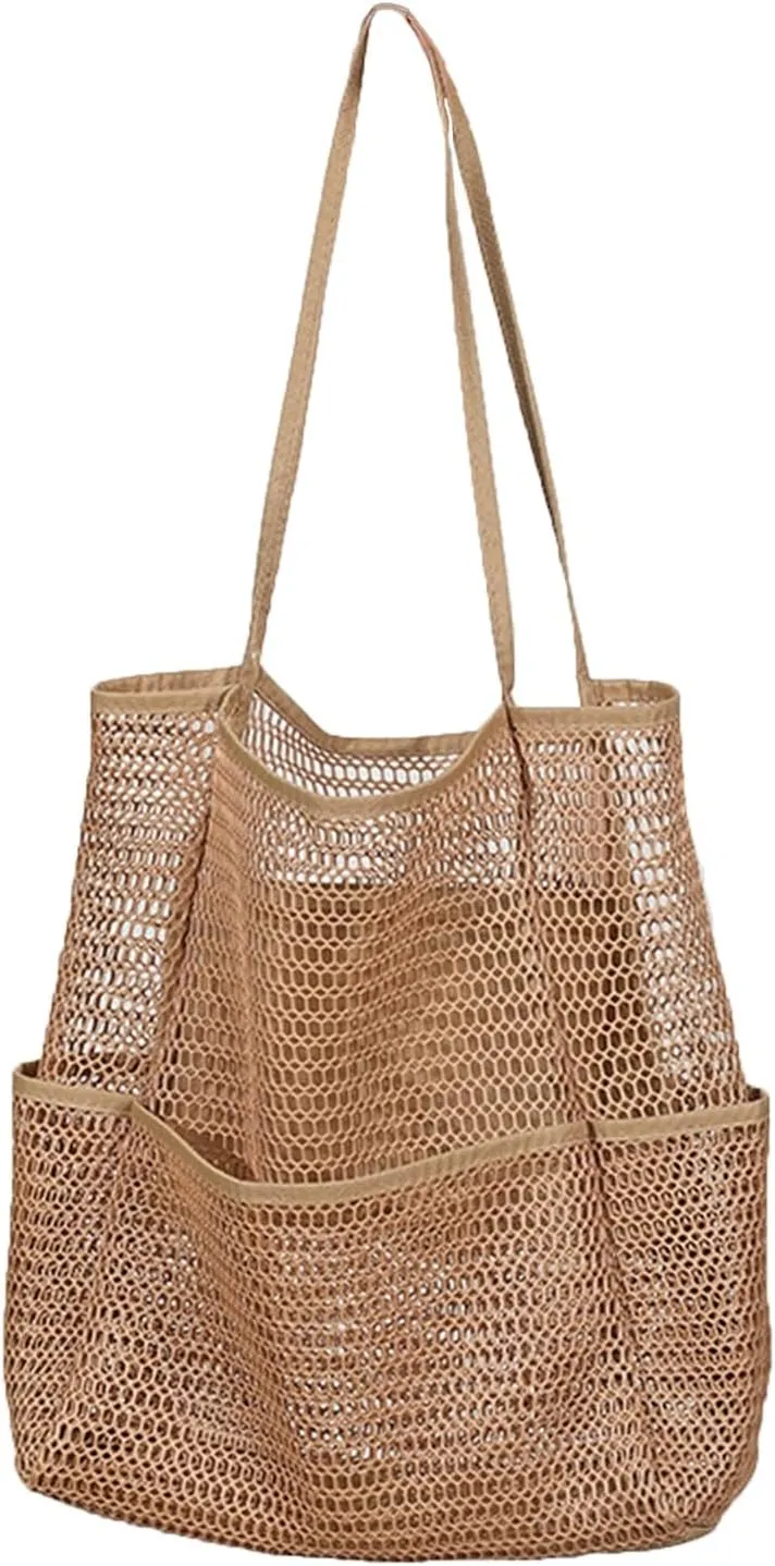 Beach Tote Bag for Women with Pockets, Mesh Holiday Handbag Summer Casual Shoulder Bags for Travel Swimming