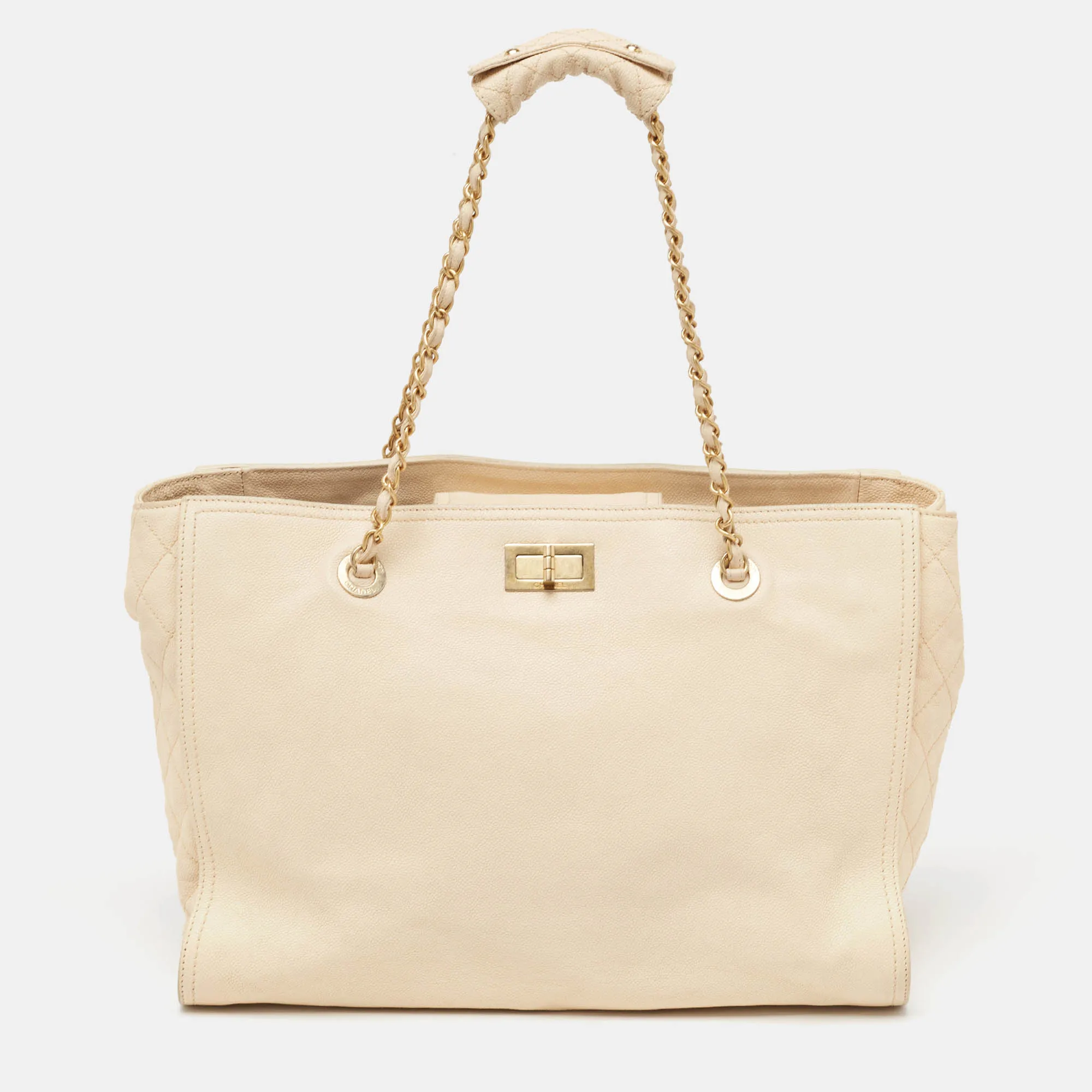 Beige Caviar Leather Reissue Large Shopper Tote