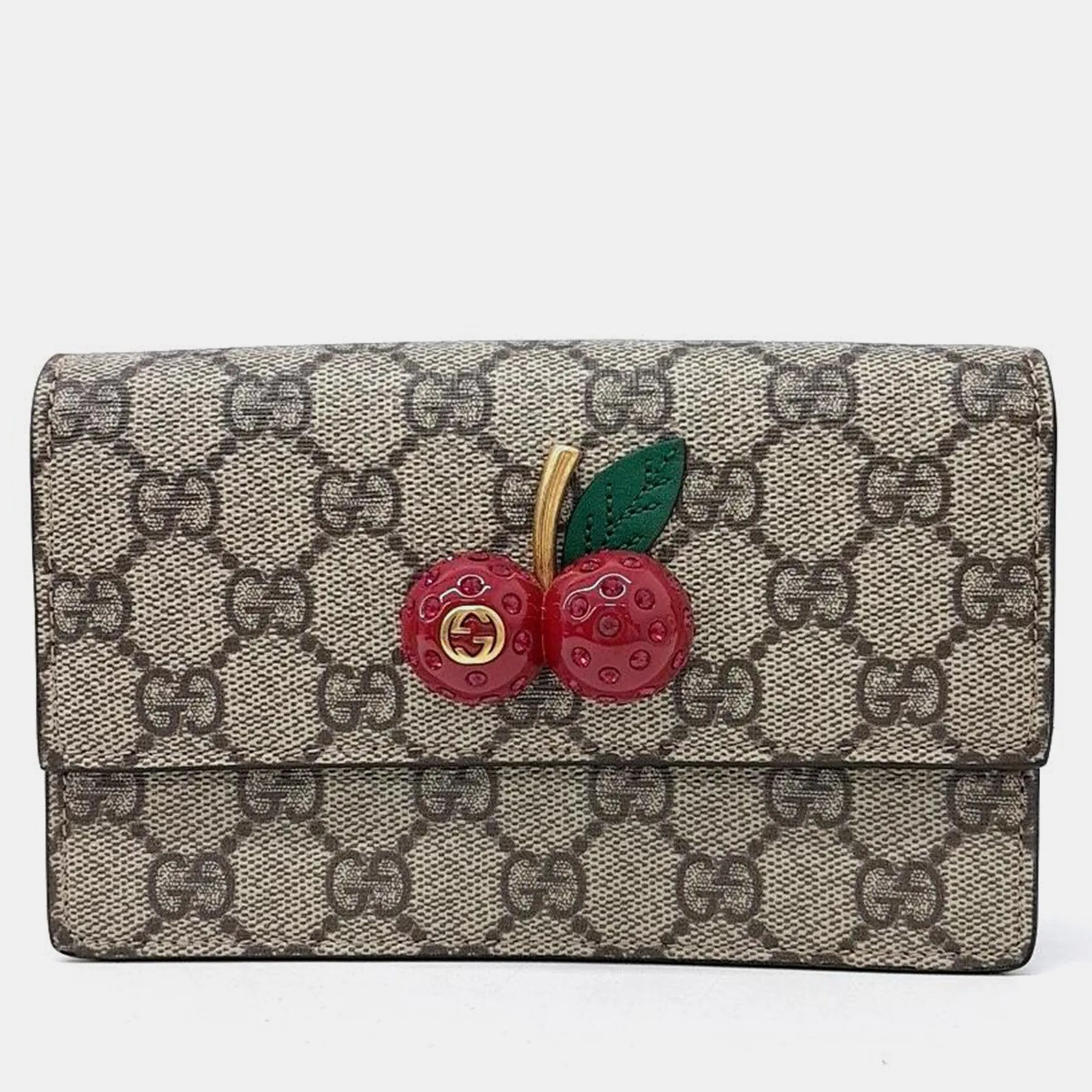 Beige GG Coated Canvas Mini Cherries Wallet on Chain