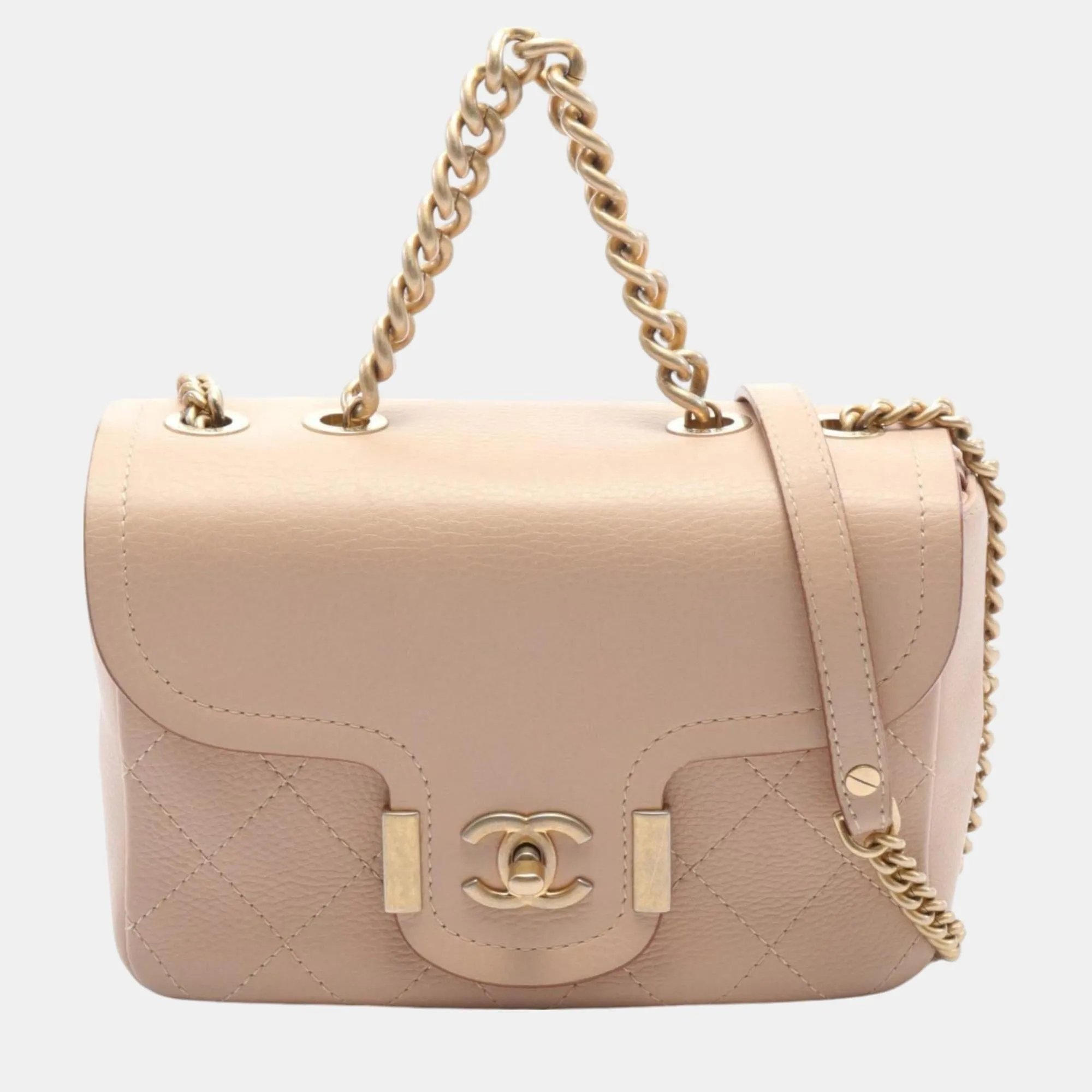 Beige Leather Matelasse Shoulder Bag