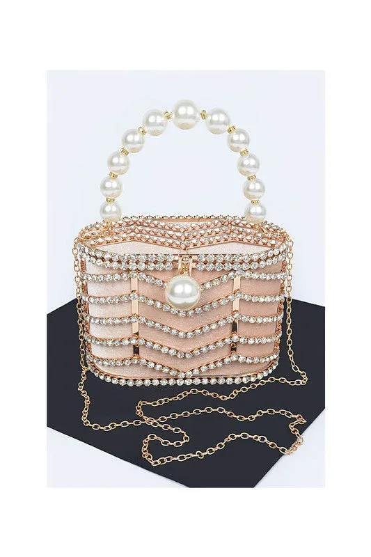 Beige Rhinestone Metal Frame Clutch