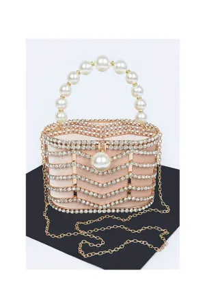 Beige Rhinestone Metal Frame Clutch