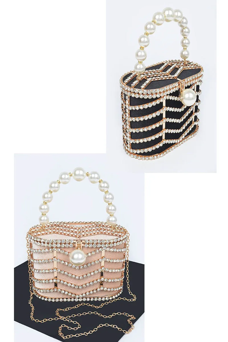 Beige Rhinestone Metal Frame Clutch