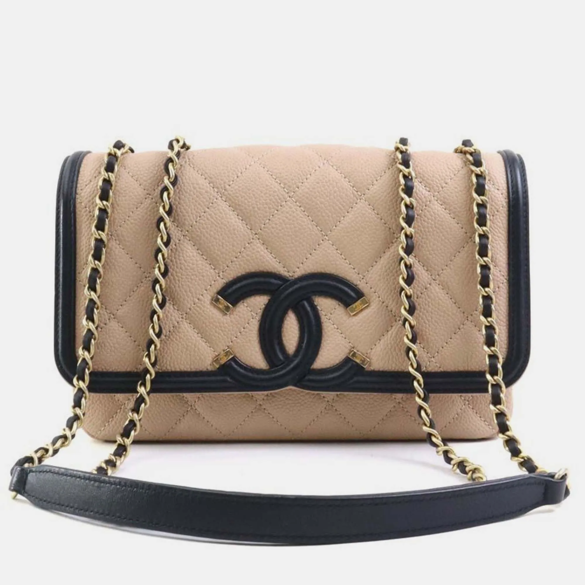 Beige/Black Leather Small CC Filigree Flap Shoulder Bag