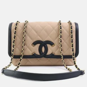 Beige/Black Leather Small CC Filigree Flap Shoulder Bag