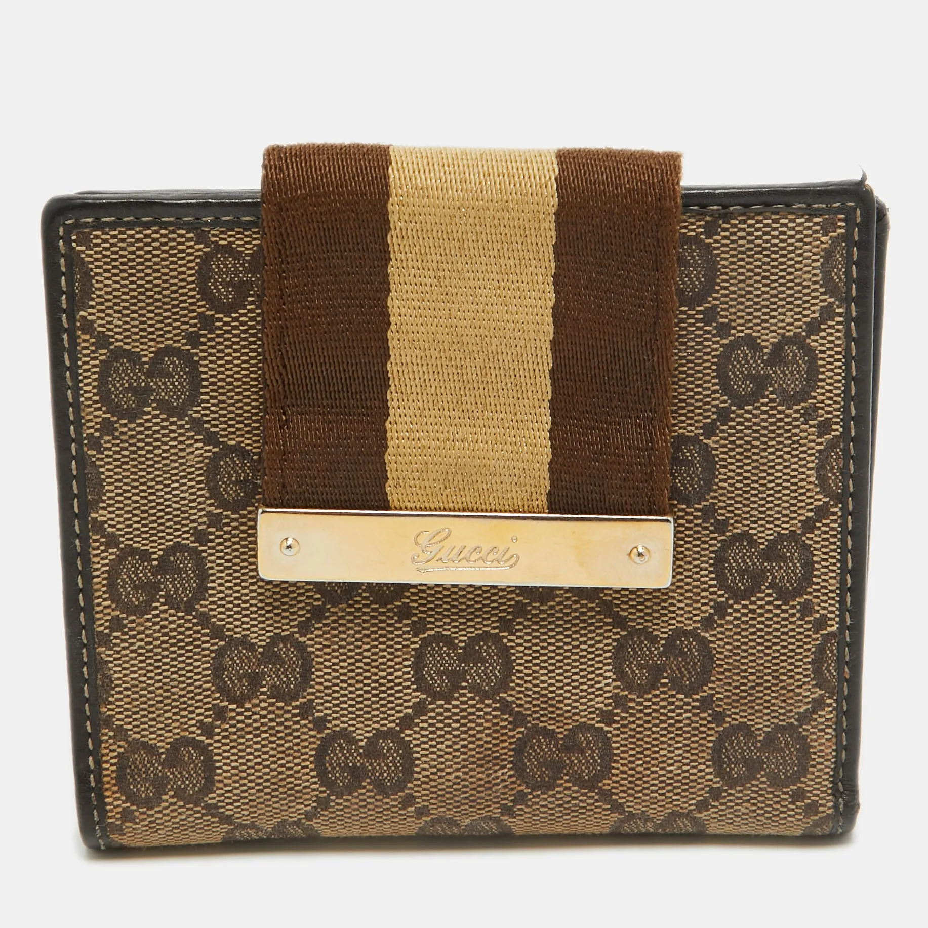 Beige/Brown GG Supreme Canvas Web Flap French Wallet