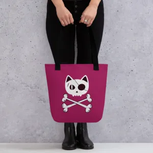Berry Purple Tote bag with funny Cat skull & crossbones design
