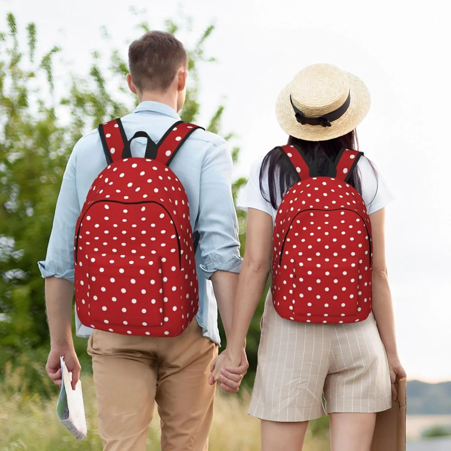 Big White Dot Print Canvas Backpack Women,Mens Travel Casual Daypack Bookbag For Laptop Work Travel Hiking