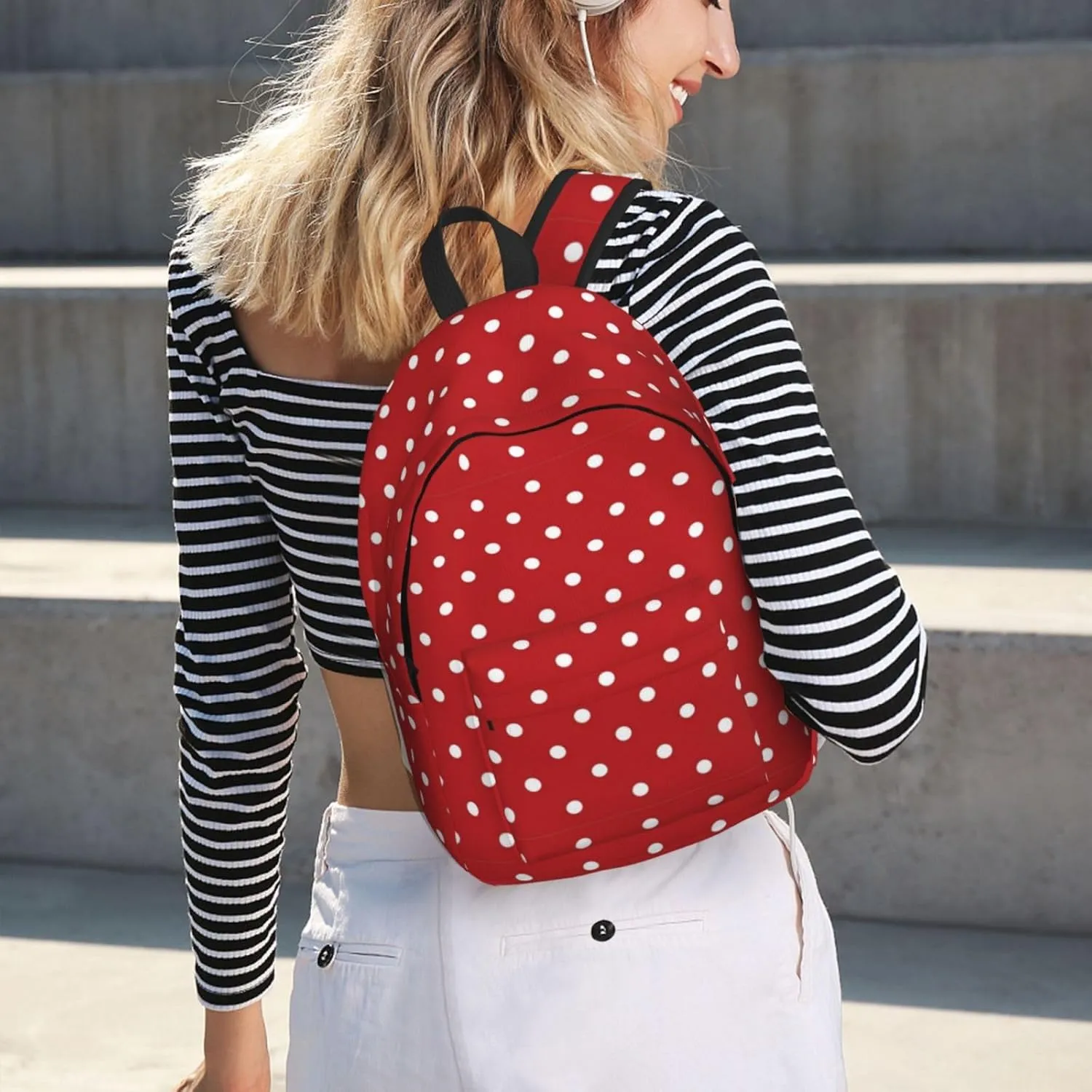 Big White Dot Print Canvas Backpack Women,Mens Travel Casual Daypack Bookbag For Laptop Work Travel Hiking