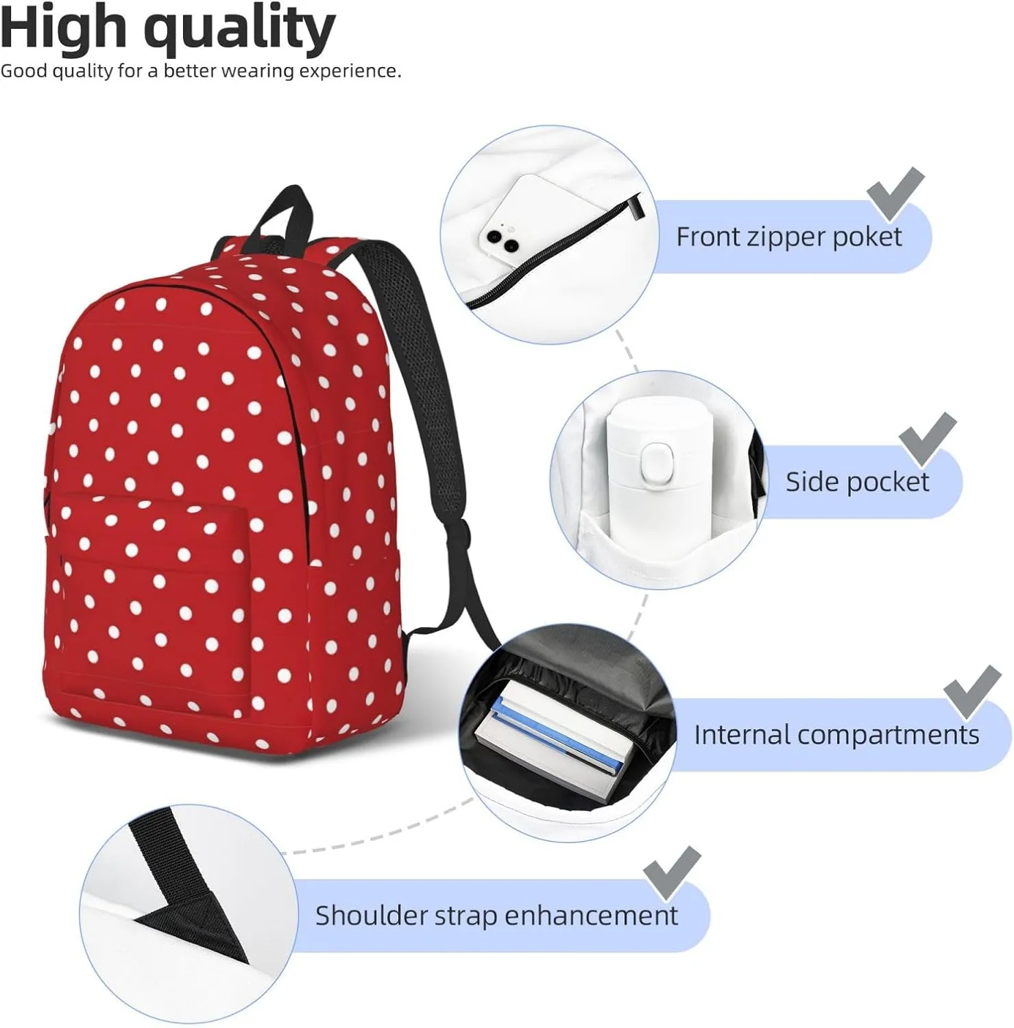 Big White Dot Print Canvas Backpack Women,Mens Travel Casual Daypack Bookbag For Laptop Work Travel Hiking