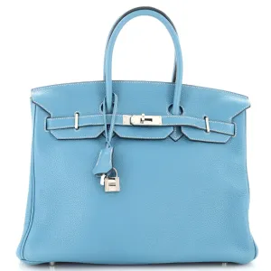 Birkin Handbag Bleu Jean Clemence with Palladium Hardware 35