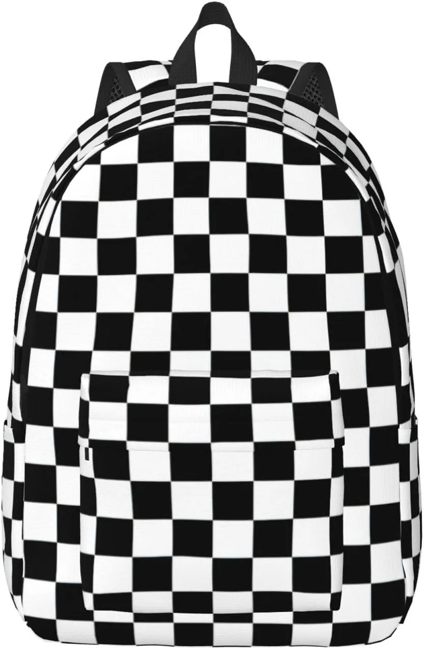 Black And White Checkered Stripes Print Canvas Backpack Women,Mens Travel Casual Daypack Bookbag For Laptop Work Travel Hiking