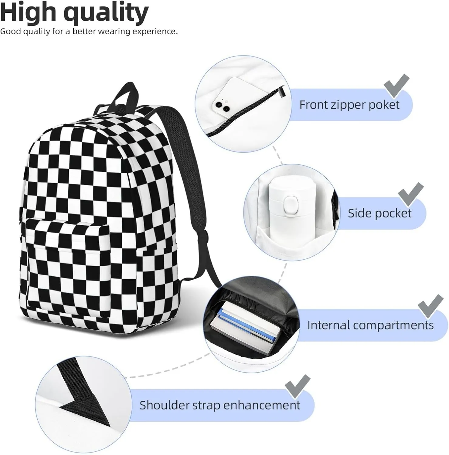 Black And White Checkered Stripes Print Canvas Backpack Women,Mens Travel Casual Daypack Bookbag For Laptop Work Travel Hiking