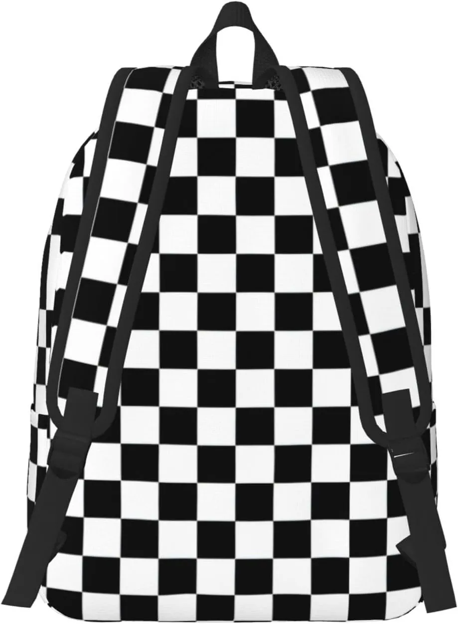 Black And White Checkered Stripes Print Canvas Backpack Women,Mens Travel Casual Daypack Bookbag For Laptop Work Travel Hiking