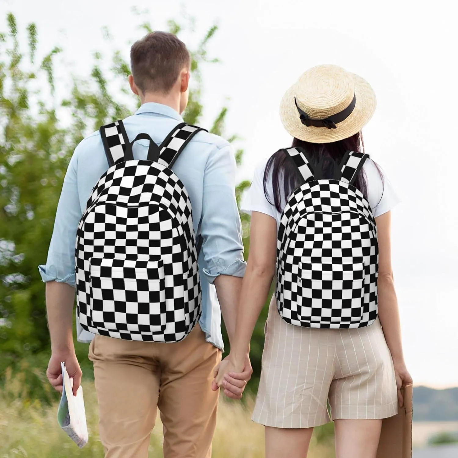 Black And White Checkered Stripes Print Canvas Backpack Women,Mens Travel Casual Daypack Bookbag For Laptop Work Travel Hiking