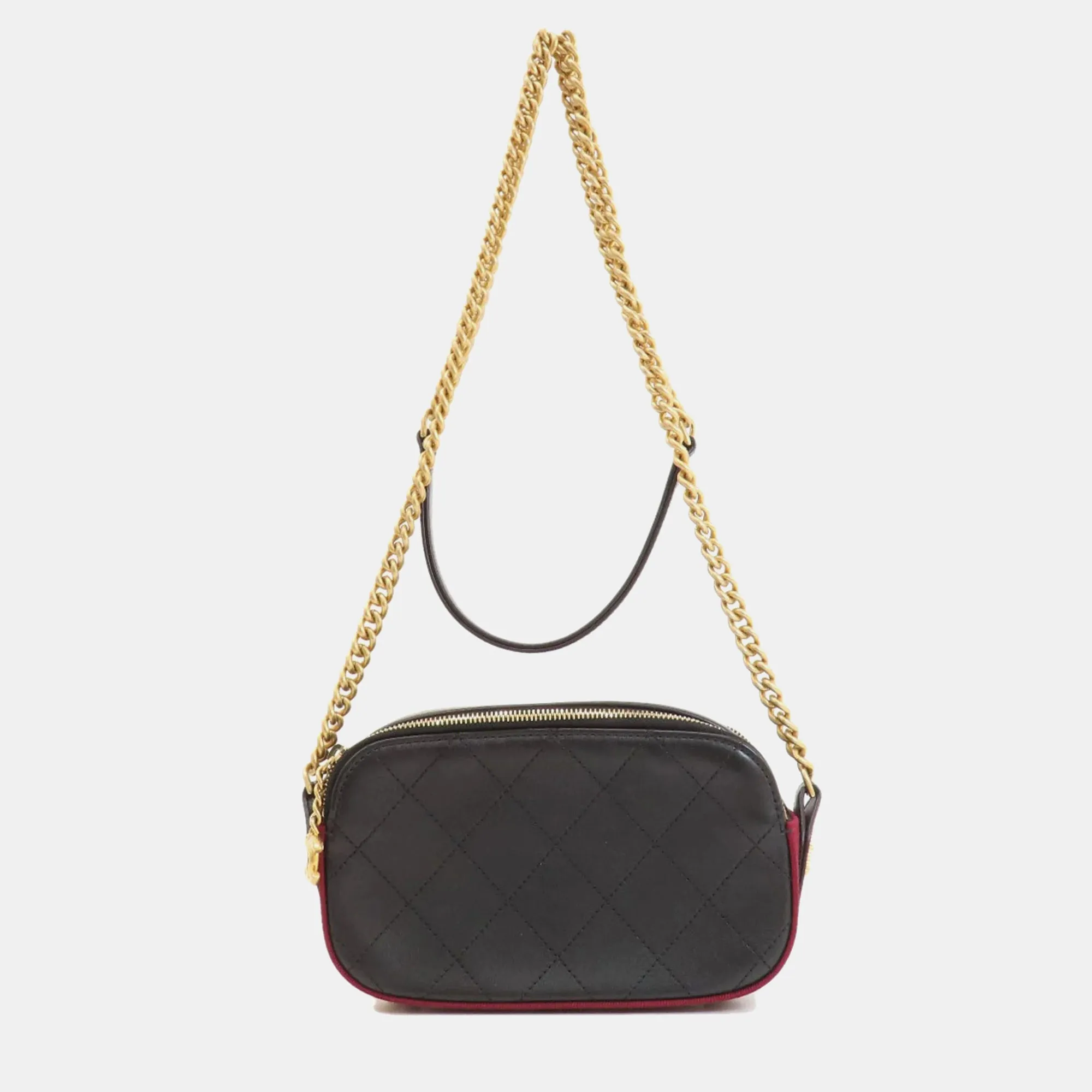 Black Calfskin Grosgrain Stitched Button Up Camera Shoulder Bag